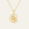 A gold-plated silver necklace with a circular pendant featuring a design with a crescent moon and stars, and a small sun motif at the top center, adorned with small multicolored stones and clear accents.