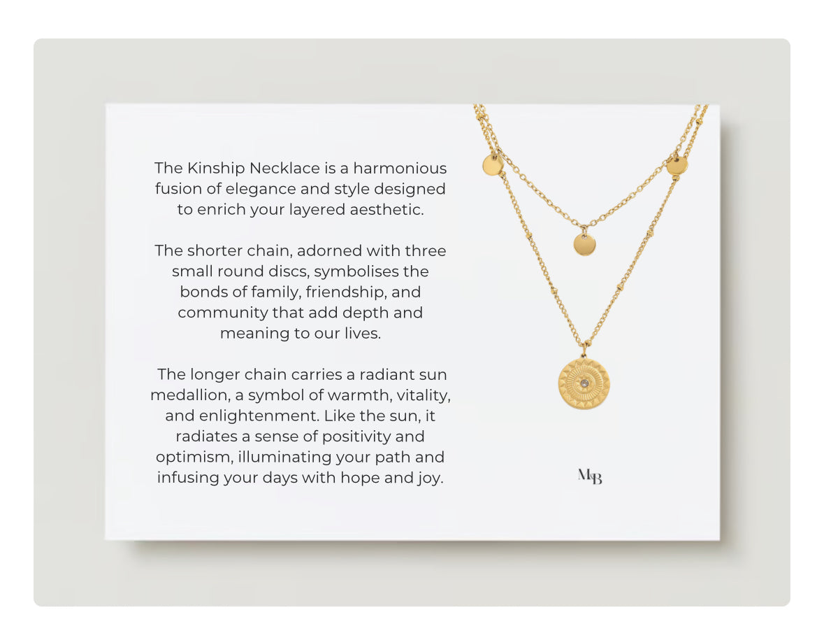 the kinship necklace is inspired by community and relationships. The three round pendants represent community, friendship and family. 