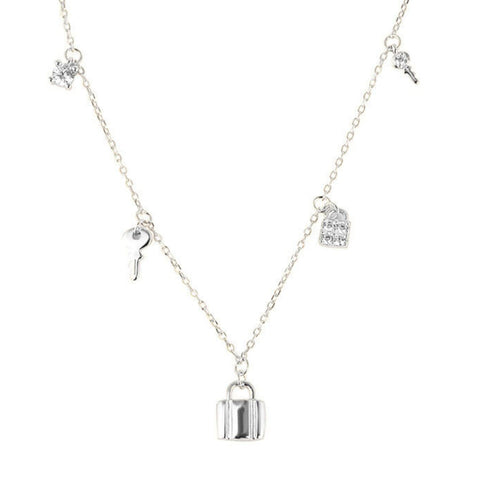 silver enamour charm necklace with five dainty charms suspended from a dainty silver chain. The 5 charms are symbolic of different stages in one's life. 