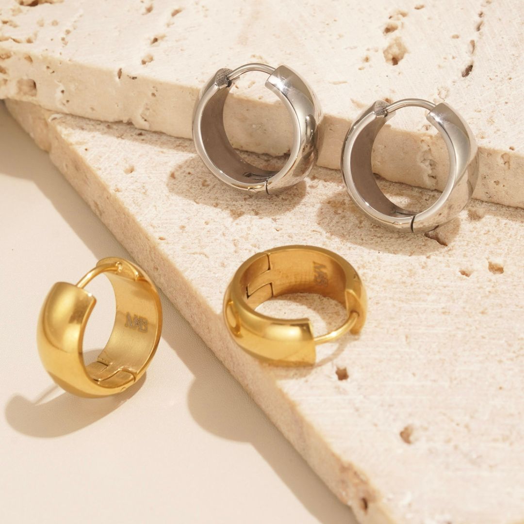 journey hoops available in gold and silver. they are everyday hoop earrings that are waterproof and tarnish resistant. 