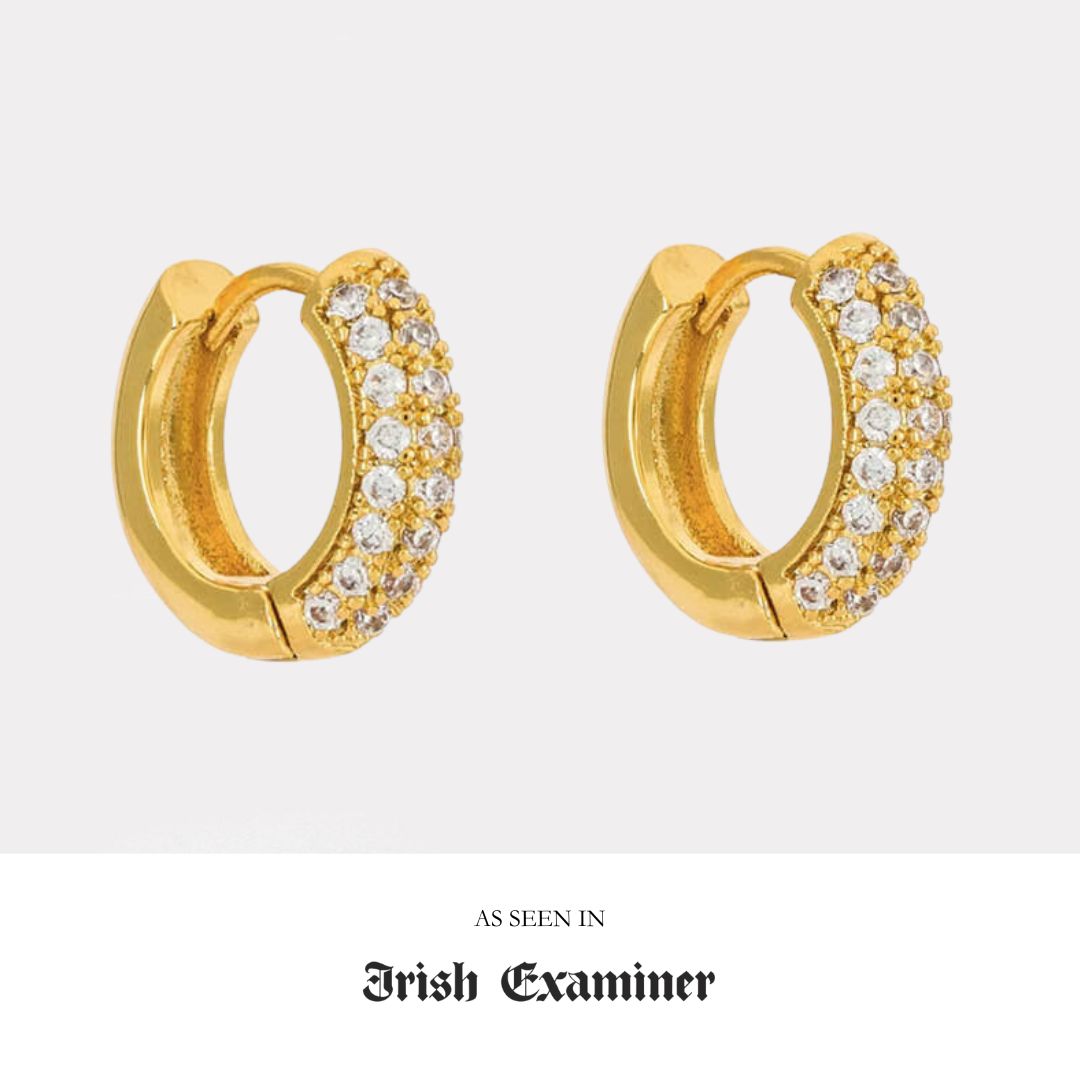 small gold hoop earrings embellished with small clear white zirconia stones. 