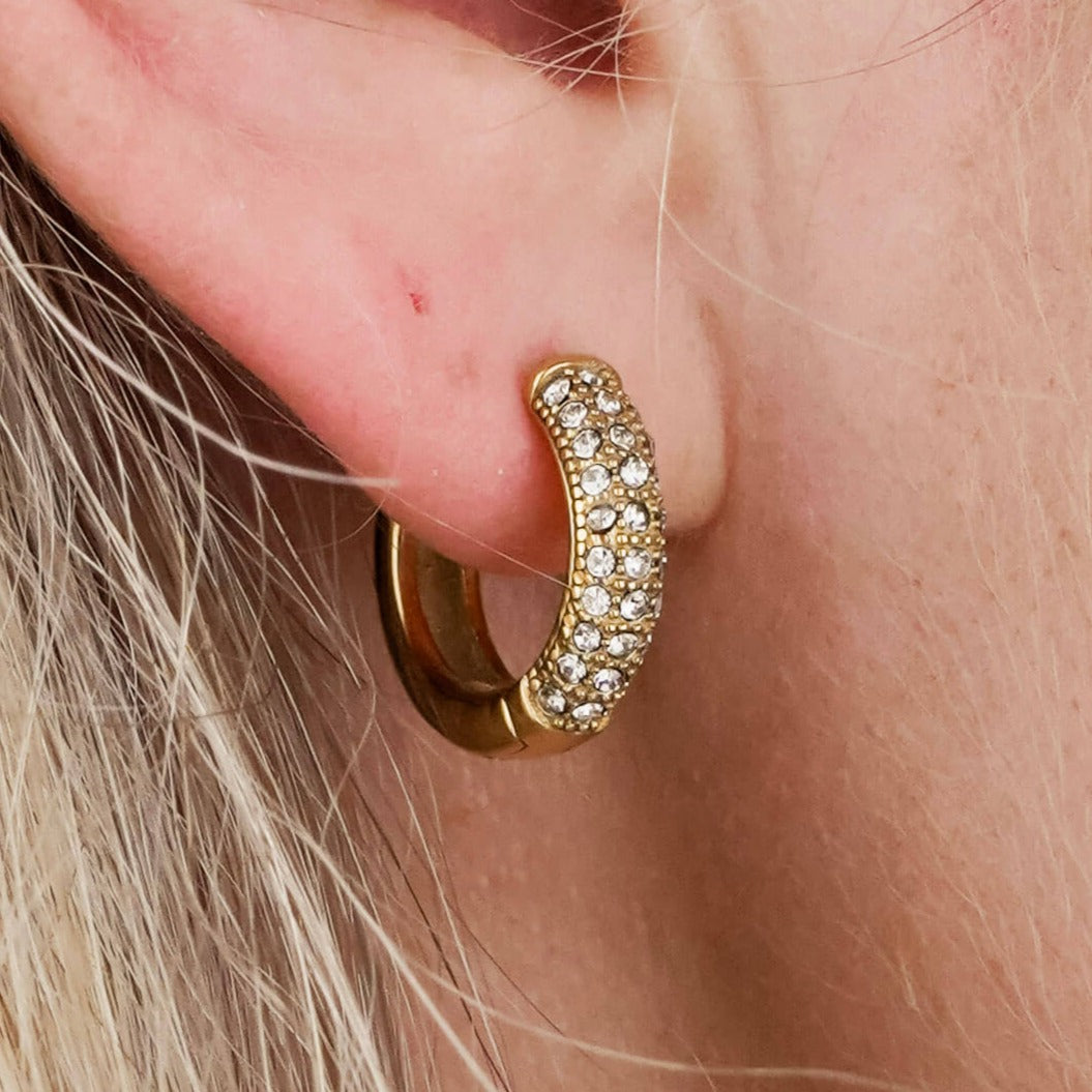 small gold hoop earrings embellished with small clear white zirconia stones. 